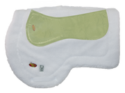 White plush AQHA Saddle pad with Impact Gel and Wilker's logos. Impact Gel Technology bladder is overlayed to show placement inside the pad.