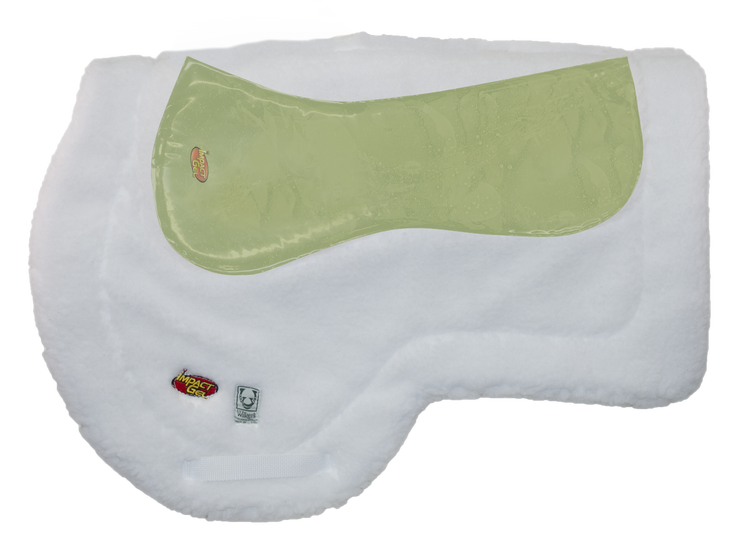 White plush AQHA Saddle pad with Impact Gel and Wilker's logos. Impact Gel Technology bladder is overlayed to show placement inside the pad.