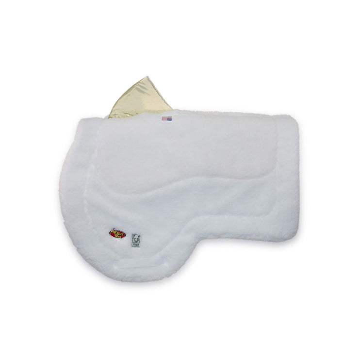 White plush AQHA Saddle pad with Impact Gel and Wilker's logos. Impact Gel technology showed being removed at spine enclosure.