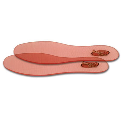 Pair of translucent pink shoe insoles with red and yellow Impact Gel logo