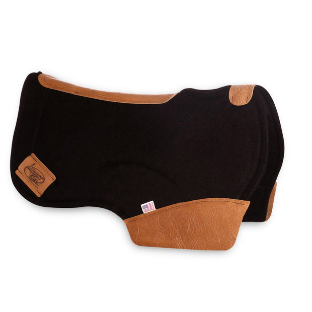 Barrel Saddle Pad with rounded skirt in black felt with brown leather