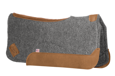 Contoured gray saddle pad with brown leather