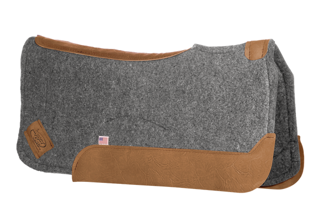 Contoured gray saddle pad with brown leather