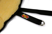 Saddle Seat Cushion with cream fleece- close up view of D-ring adjustable strap