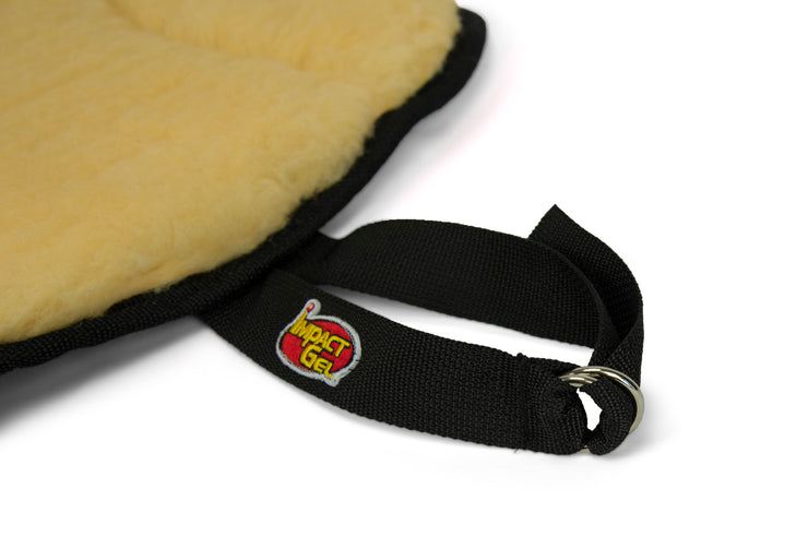 Saddle Seat Cushion with cream fleece- close up view of D-ring adjustable strap 