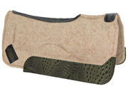 Contour tan saddle pad with black leather at the spine and green croc wear leather