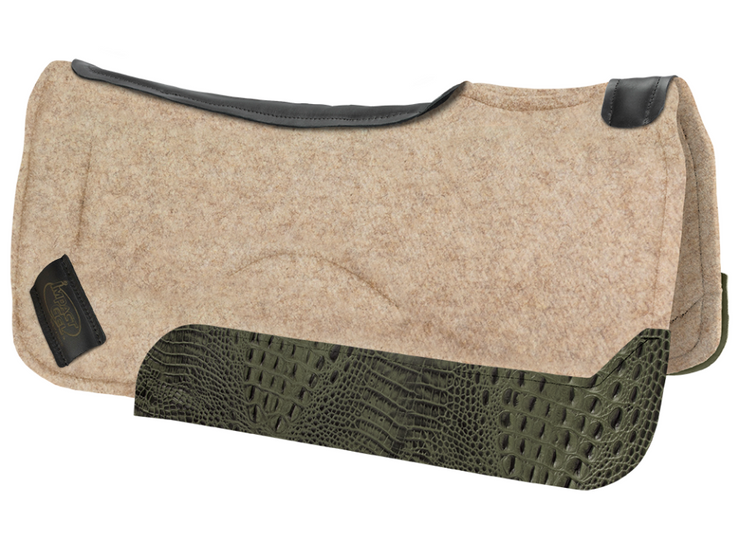 Contour tan saddle pad with black leather at the spine and green croc wear leather