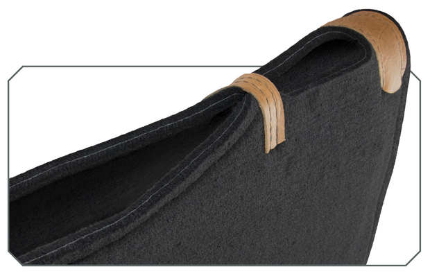 Underlayment Saddle Pad- black with brown leather close-up of spine that is open for breathability