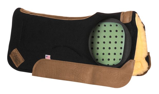 Contour saddle pad in black felt with brown leather and fleece underside. A cutout window shows the placement of perforated Impact Gel technology.